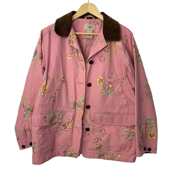 L.L. Bean Jackets & Blazers - Vintage L.L. Bean Pink Floral Cotton Barn Chore Jacket Corduroy Trim Sz Medium P
